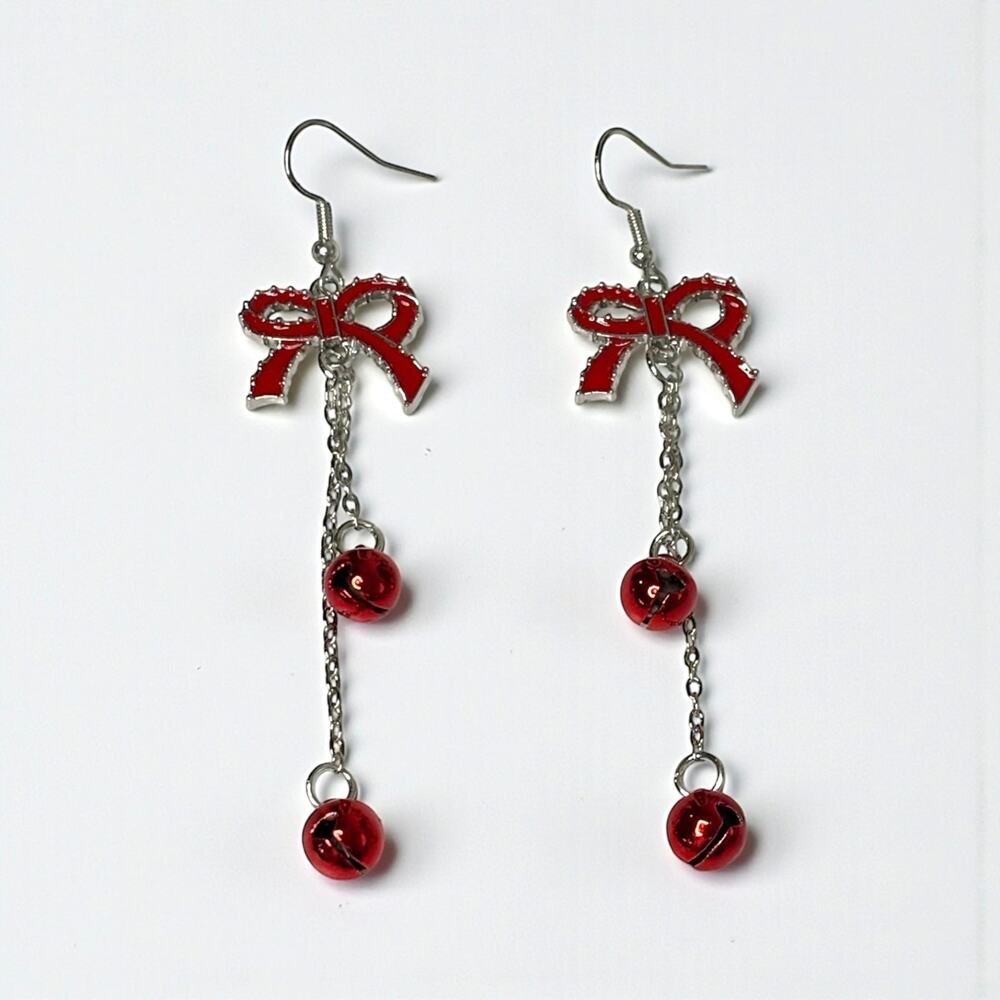Red Ribbon Christmas Bell Drop Earrings
